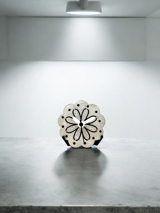 Mini Flower Shaped Desk and Fridge battery clock - Silver  with white hands