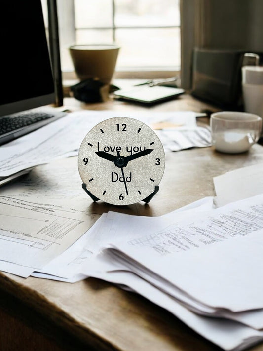 Small Siver Quartz Desk Clock - "Love You Dad" - Ideal for Fathers Day