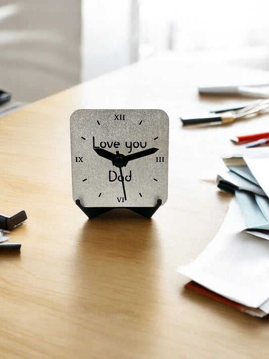 Small Siver Quartz Desk Clock - "Love You Dad" - Ideal for Fathers Day