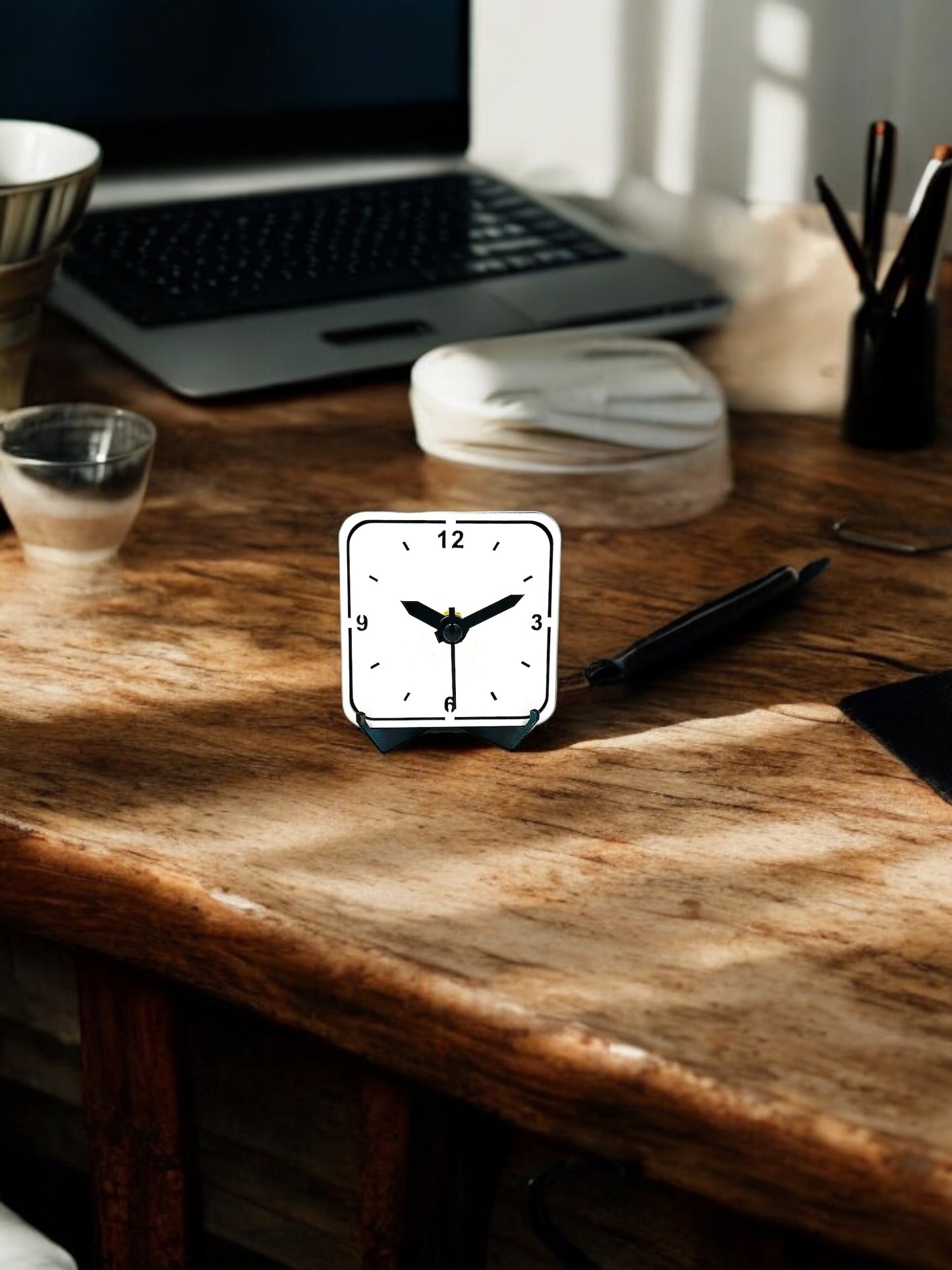 Mini Quartz Fidge or Desk Clock - White Square shape with easel stand